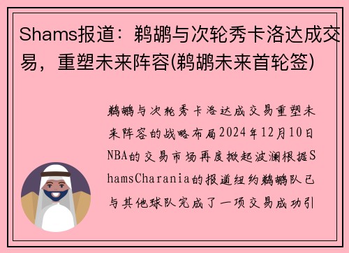 Shams报道：鹈鹕与次轮秀卡洛达成交易，重塑未来阵容(鹈鹕未来首轮签)