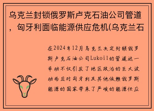 乌克兰封锁俄罗斯卢克石油公司管道，匈牙利面临能源供应危机(乌克兰石油储量)